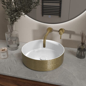 Wiesbaden Mondri Waskom Rond - 36x36x12cm - Glans Wit/Geborsteld Goud