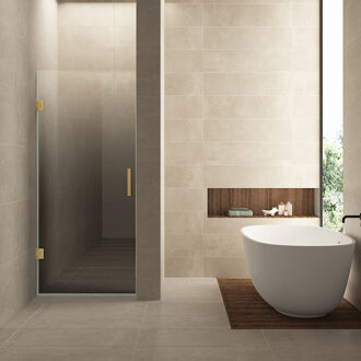 Wiesbaden Nisdeur Links Wiesbaden Less 70x200 cm 8 mm Nano Spiegelrook- Naar Helder Glas Geborsteld Messing