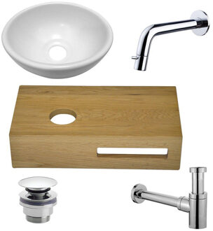 Wiesbaden Oak houten fonteinset compleet met inbouwkraan, waskom links, houten blad, sifon en afvoerplug chroom sw1175/sw296051/sw417832/sw440853/sw450729/ Eiken (Bruin)