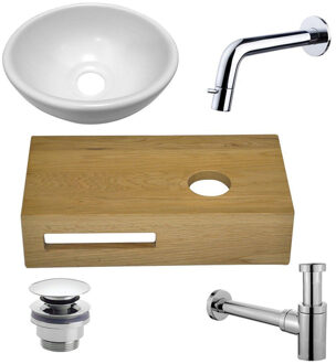 Wiesbaden Oak houten fonteinset compleet met inbouwkraan, waskom rechts, houten blad, sifon en afvoerplug chroom sw1175/sw296023/sw417832/sw440853/sw450729/ Eiken (Bruin)