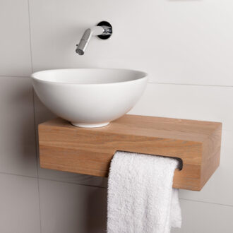 Wiesbaden Oak houten toiletset compleet met Hotbath inbouwkraan, Wiesbaden waskom mat wit links, houten blad, sifon en afvoerplug chroom sw1175/sw23941/sw296051/sw440854/sw450729/ Eiken mat