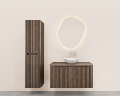 Wiesbaden Onderkast Wiesbaden Sulora 100x48 cm Afgeronde Hoeken Geribbeld Met 1 Lade 1 Uitsparing Bruin Eiken