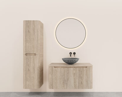 Wiesbaden Onderkast Wiesbaden Sulora 100x48 cm Afgeronde Hoeken Geribbeld Met 1 Lade 1 Uitsparing Licht Eiken