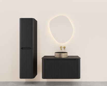 Wiesbaden Onderkast Wiesbaden Sulora 100x48 cm Afgeronde Hoeken Geribbeld Met 1 Lade 1 Uitsparing Mat Zwart