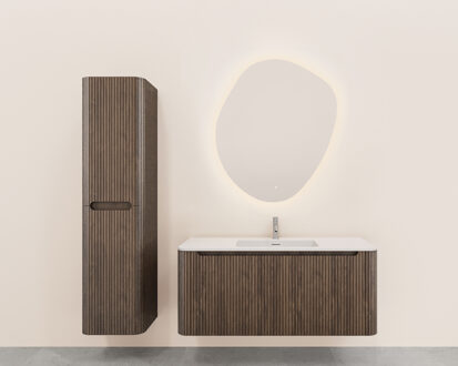 Wiesbaden Onderkast Wiesbaden Sulora 120x48 cm Afgeronde Hoeken Geribbeld Met 1 Lade 1 Uitsparing Bruin Eiken