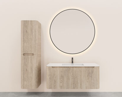 Wiesbaden Onderkast Wiesbaden Sulora 120x48 cm Afgeronde Hoeken Geribbeld Met 1 Lade 1 Uitsparing Licht Eiken