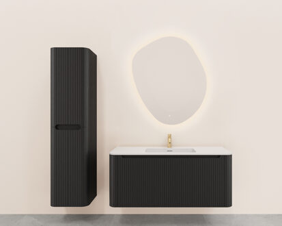 Wiesbaden Onderkast Wiesbaden Sulora 120x48 cm Afgeronde Hoeken Geribbeld Met 1 Lade 1 Uitsparing Mat Zwart