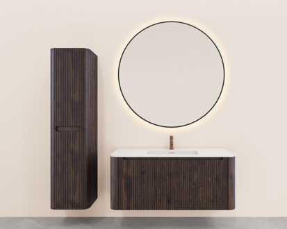 Wiesbaden Onderkast Wiesbaden Sulora 120x48 cm Afgeronde Hoeken Geribbeld Met 1 Lade 1 Uitsparing Walnoot