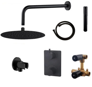 Wiesbaden Regendoucheset | Caral | Rechthoek | met Muuruitloop | Inbouw | Mat Zwart | Incl.Inbouwdelen