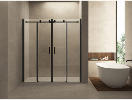 Wiesbaden Slide Nis Schuifdeur Dubbel - 1800x2000x8mm - NANO - Helder Glas/Mat Zwart