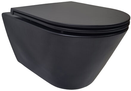 Wiesbaden Stereo Rimless Wandcloset BWS Mat Zwart Met Astev Toiletzitting Softclose En Quick Release Mat Zwart