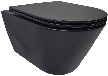 Wiesbaden Stereo Rimless Wandcloset BWS Mat Zwart Met Astev Toiletzitting Softclose En Quick Release Mat Zwart