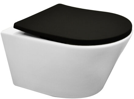 Wiesbaden Toiletpot Hangend Wiesbaden Vesta 52 cm Diepspoel Wandcloset Rimless Mat Wit Met Mat Zwart Shade Zitting