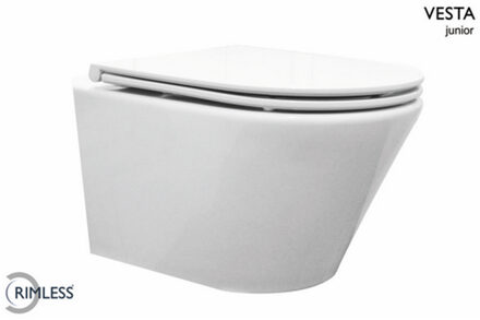 Wiesbaden Vesta Junior Wandcloset Rimless Verkort met Flatline Toiletzitting - Softclose en Quick Release - Glans Wit