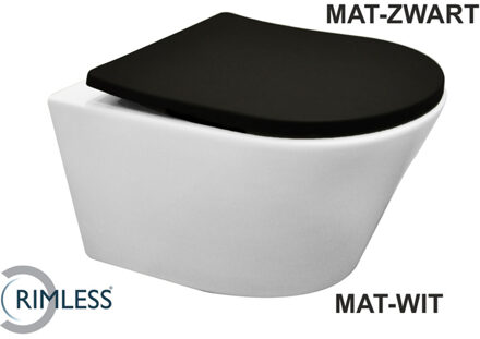 Wiesbaden Vesta Wandcloset Rimless - Mat Wit - met Shade Slim Toiletzitting - Softclose en Quick Release - Mat Zwart