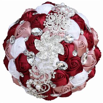 Wifelai-Een 21Cm Wijn Rood + Lederen Roze Mixed Rhinestones Luxe Stijl Bruid Bedrijf Boeket Bruiloft Benodigdheden w228B