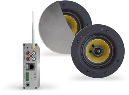 Wifi-Audio Versterker Aquasound Airplay + DLNA 50W Inclusief Speakerset Aquasound Samba 205 mm Mat Chroom Aquasound