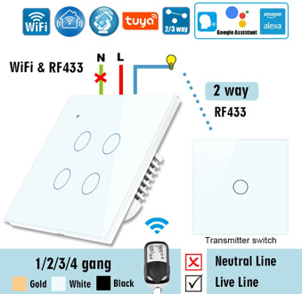 WiFi RF433 Smart Touch Switch 2-Way RF433 Wall Panel Transmitter, Wireless APP Control Light Switch Works with Alexa Googlehome