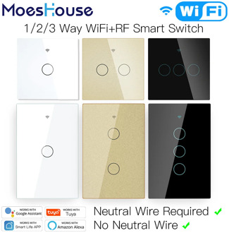 WiFi Smart Light Touch Switch No Neutral Wire Required Smart Life Tuya APP control Alexa Google Home Compatible 1/2/3 Gang EU US