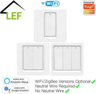WiFi Smart Push Button Switch No Neutral Wire Required Smart Life Tuya APP Alexa Google Home Voice Control 1/2/3 Gang EU UK New