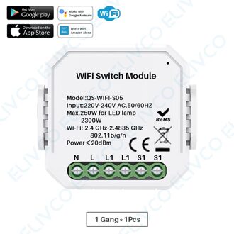 Wifi Smart Switch Module 1 Gang/2 Gang Two Way 10A 2300W Tuya Smart Leven App Afstandsbediening groep Controle Timer Werkt Met Alexa 1Gang-1stk