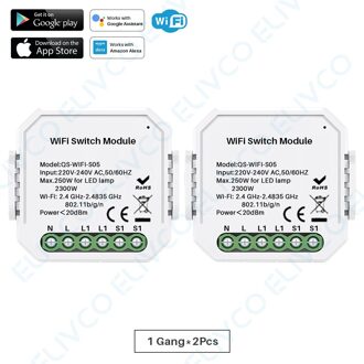 Wifi Smart Switch Module 1 Gang/2 Gang Two Way 10A 2300W Tuya Smart Leven App Afstandsbediening groep Controle Timer Werkt Met Alexa 1Gang-2stk