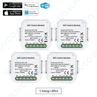 Wifi Smart Switch Module 1 Gang/2 Gang Two Way 10A 2300W Tuya Smart Leven App Afstandsbediening groep Controle Timer Werkt Met Alexa 1Gang-4stk