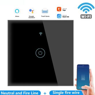 Wifi Touch Muur Schakelaar Huishouden Enkele Brand + Nul Fire Graffiti Intelligente Voice Control Alexa Europese Type 86 Google Knop zwart 1 switch