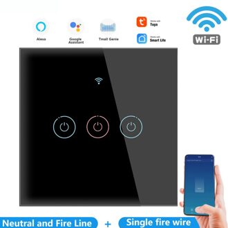 Wifi Touch Muur Schakelaar Huishouden Enkele Brand + Nul Fire Graffiti Intelligente Voice Control Alexa Europese Type 86 Google Knop zwart 3 switch