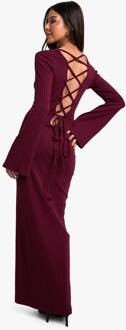 Wijd Geribbelde Maxi-Jurk Met Strikband Achter En Uitlopende Mouwen, Merlot - 44