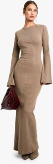 Wijd Geribbelde Maxi-Jurk Met Strikdetail Op De Rug En Uitlopende Mouwen, Taupe - 40
