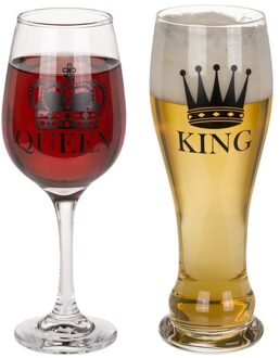Wijnglas en bierglas set King en Queen - Wijnglazen/Bierglazen - Voor hem en haar - Bruiloft cadeau