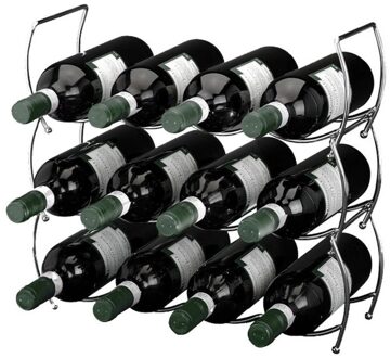 Wijnrek - 3-delig - 42 x 16 cm - verchroomd RVS - stapelbaar - voor 12 wijnflessen