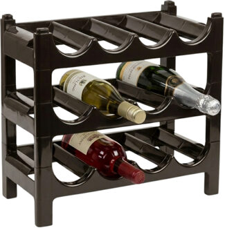 Wijnrek - 3x lagen - stapelbaar - bruin - kunststof - 43 x 23 x 13 cm - voor 12 flessen
