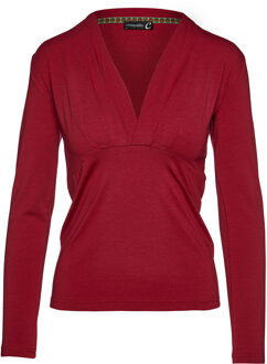 Wijnrode imitatiewikkeltop met lange mouwen van duurzame stretchjersey. Wijnrood - EU 46 / UK 18