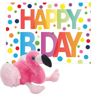 Wild Republic Pluche dieren knuffel flamingo 18 cm met Happy Birthday wenskaart - Vogel knuffels Multikleur