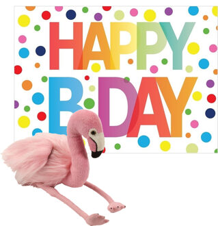 Wild Republic Pluche dieren knuffel flamingo 20 cm met Happy Birthday wenskaart - Vogel knuffels Multikleur