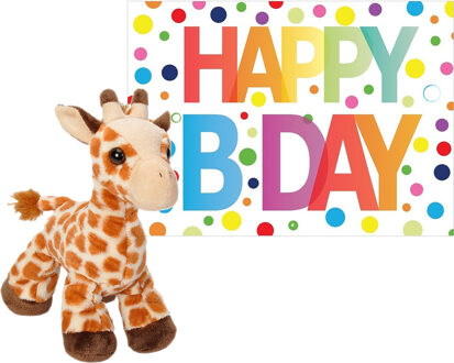 Wild Republic Pluche dieren knuffel giraffe 18 cm met Happy Birthday wenskaart - Knuffeldier Multikleur