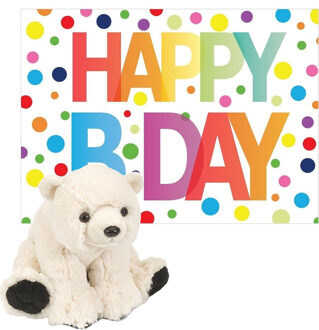 Wild Republic Pluche dieren knuffel ijsbeer 20 cm met Happy Birthday wenskaart - Knuffelberen Wit