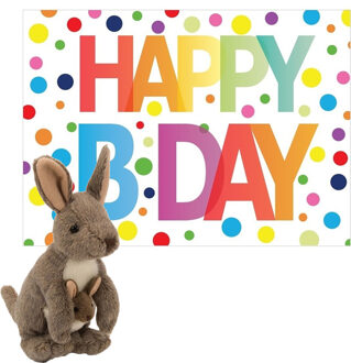 Wild Republic Pluche dieren knuffel kangoeroe 20 cm met Happy Birthday wenskaart - Knuffeldier Multikleur