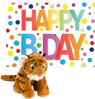 Wild Republic Pluche dieren knuffel tijger 20 cm met Happy Birthday wenskaart - Knuffeldier Multikleur