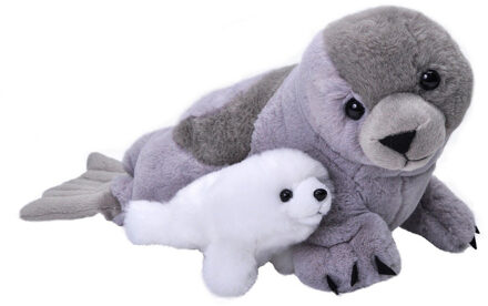 Wild Republic Pluche grijze zeehond met baby knuffel 38 cm speelgoed