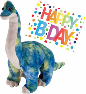 Wild Republic Pluche knuffel Dino Brachiosaurus van 25 cm met A5-size Happy Birthday wenskaart - Knuffeldier Blauw