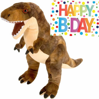 Wild Republic Pluche knuffel Dino T-rex van 25 cm met A5-size Happy Birthday wenskaart - Knuffeldier Bruin