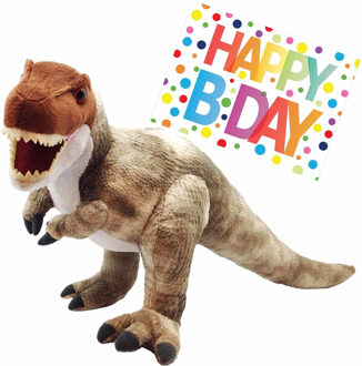 Wild Republic Pluche knuffel Dino T-rex van 48 cm met A5-size Happy Birthday wenskaart - Knuffeldier Bruin