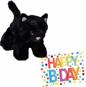 Wild Republic Pluche knuffel kat/poes zwart 18 cm met A5-size Happy Birthday wenskaart - Knuffel huisdieren