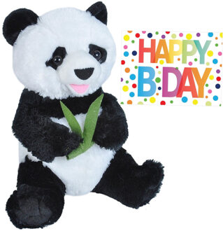 Wild Republic Pluche knuffel panda beer 25 cm met A5-size Happy Birthday wenskaart - Knuffelberen Wit