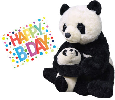 Wild Republic Pluche knuffel panda beer met baby 38 cm met A5-size Happy Birthday wenskaart - Knuffeldier Zwart