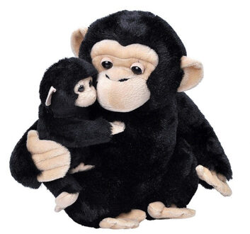 Wild Republic Pluche zwarte chimpansee aap met baby knuffel 38 cm speelgoed