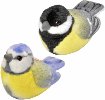 Wild Republic Set van 2x stuks pluche vogels knuffels - 14 cm - met geluid - Koolmees en Pimpelmees